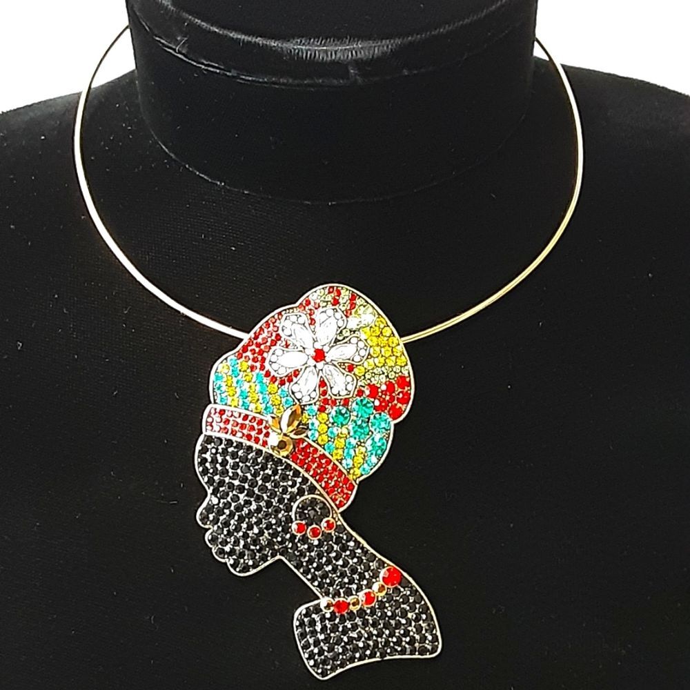 Carribean Queen Silhouette Colorful Large Rhinestone Brooch